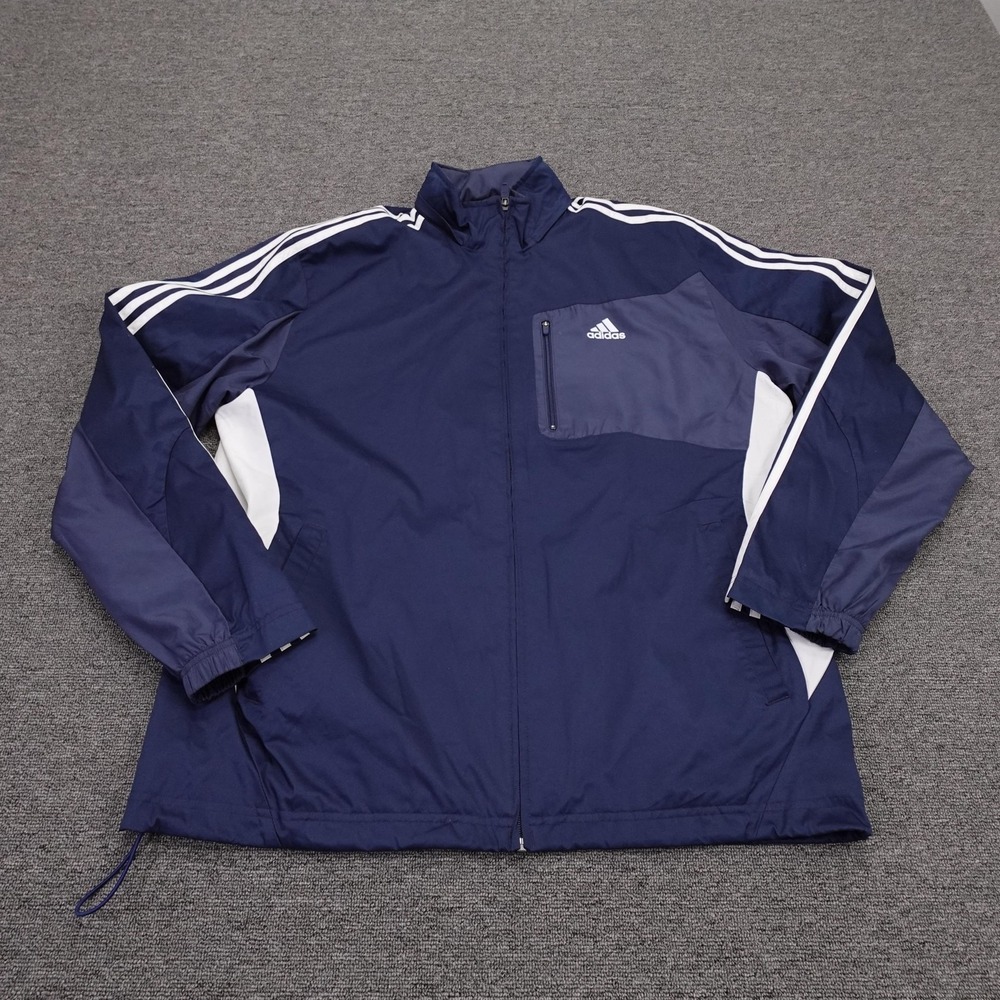 Adidas Jacket Mens Large Blue Hooded Full Zip Windbreaker 3 Stripe X29694